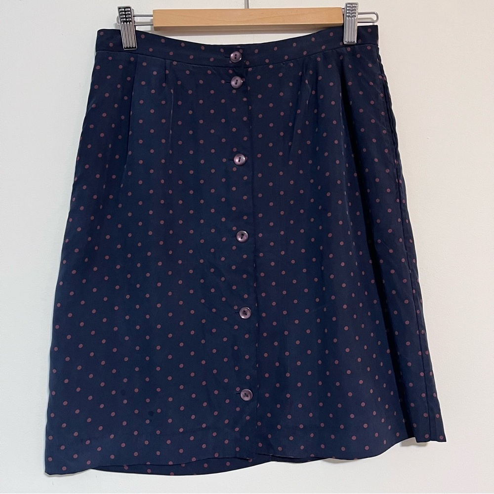 Madras by A.P.C. Navy Blue Purple Polka Dot Silk Knee Length Skirt Medium